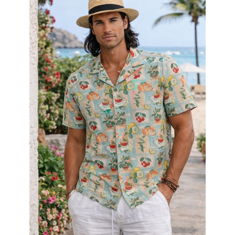 Sonoma Linen Blend Tropical Drink Fruit Print Camp Shirt NWT Boxy Vacation Top